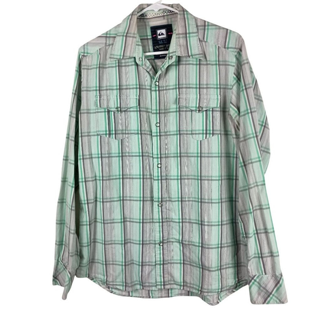 Quiksilver Mens Plaid Long Sleeve Western Shirt Size M Green & Gray Embroidered